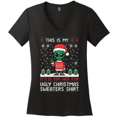 Funny Christmas Alien Ugly Christmas Sweater Alien Face Women's V-Neck T-Shirt