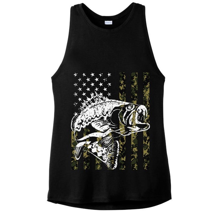 Fishing, Camouflage American Flag Fish, Bass Fish Fisherman Ladies PosiCharge Tri-Blend Wicking Tank
