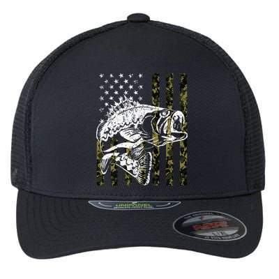 Fishing, Camouflage American Flag Fish, Bass Fish Fisherman Flexfit Unipanel Trucker Cap