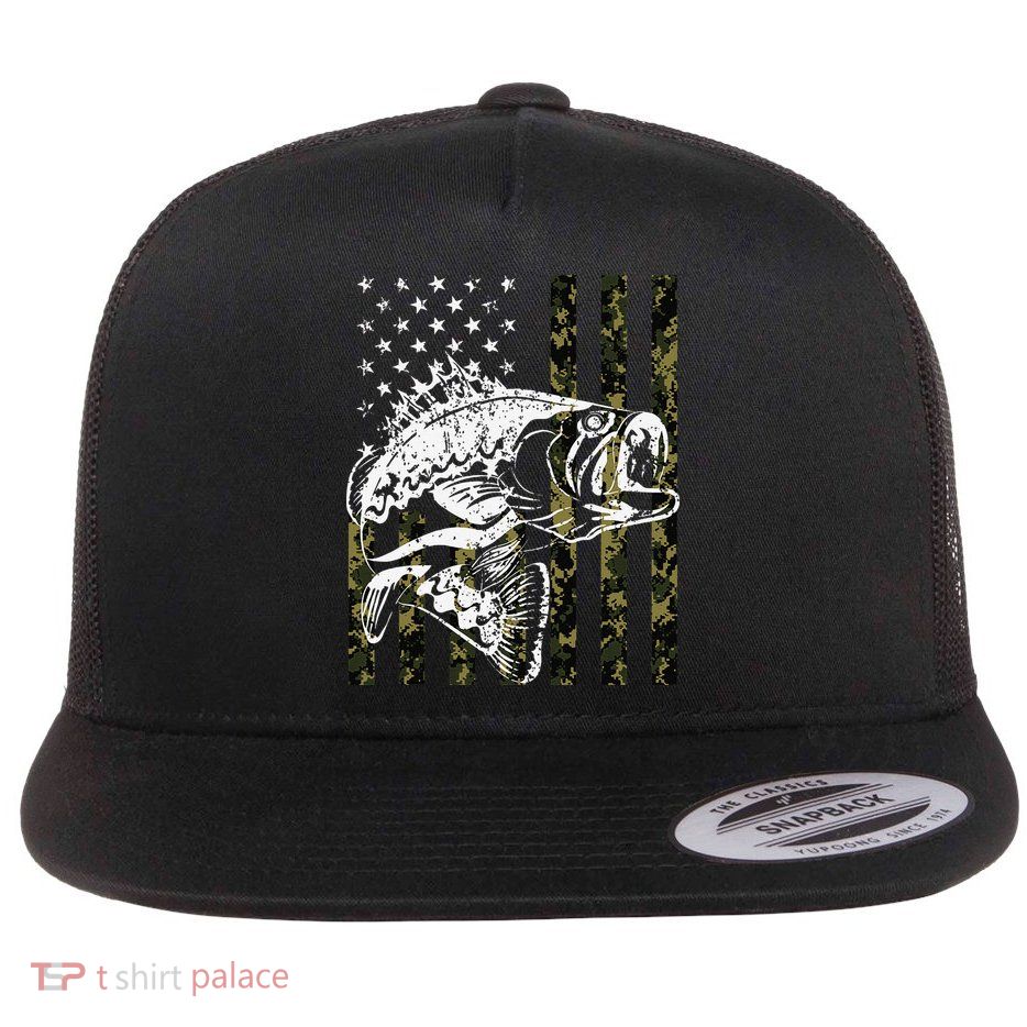 Fishing, Camouflage American Flag Fish, Bass Fish Fisherman Flatbill Hat