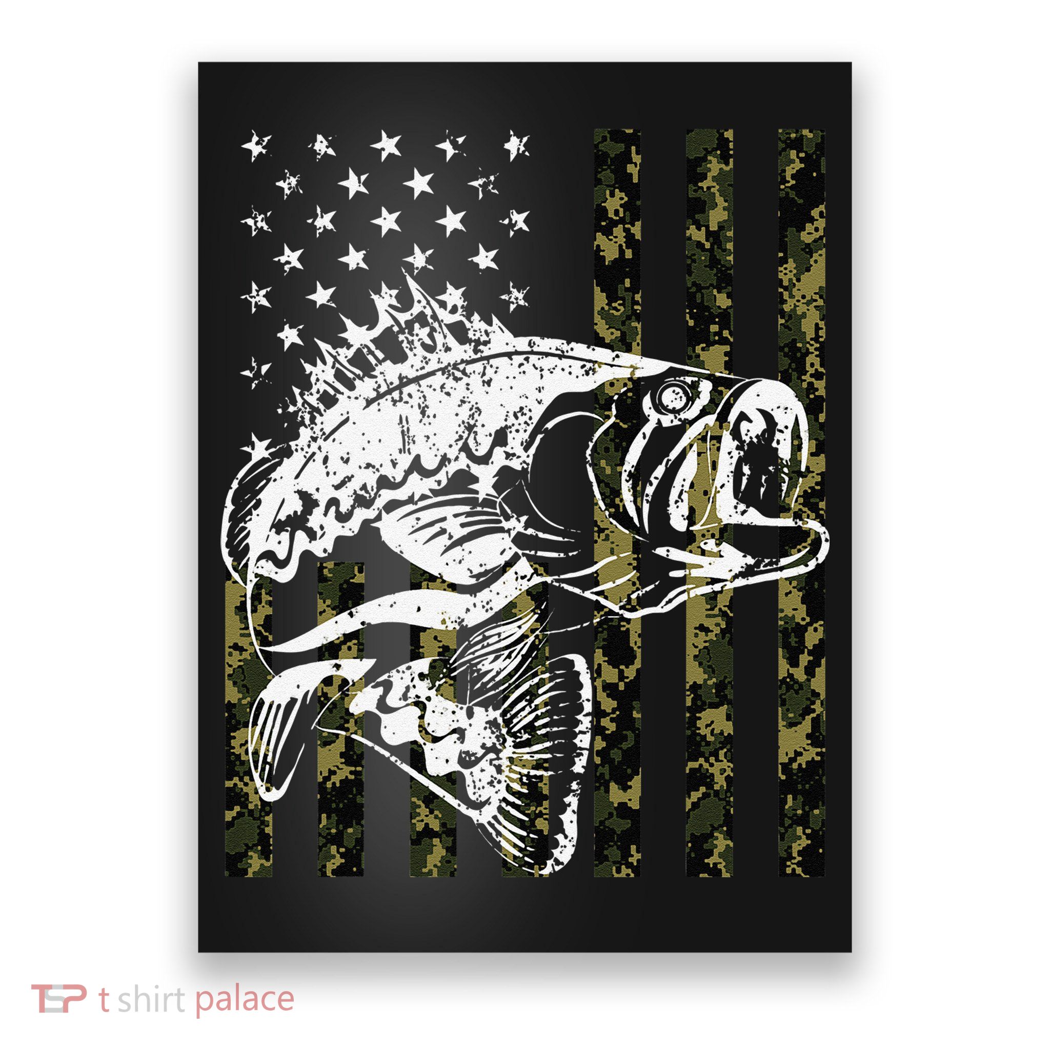 Fishing, Camouflage American Flag Fish, Bass Fish Fisherman Poster