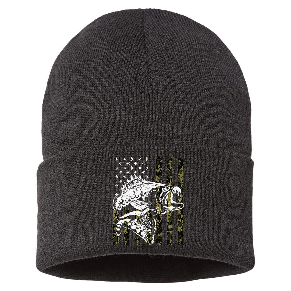 Fishing, Camouflage American Flag Fish, Bass Fish Fisherman Sustainable Knit Beanie