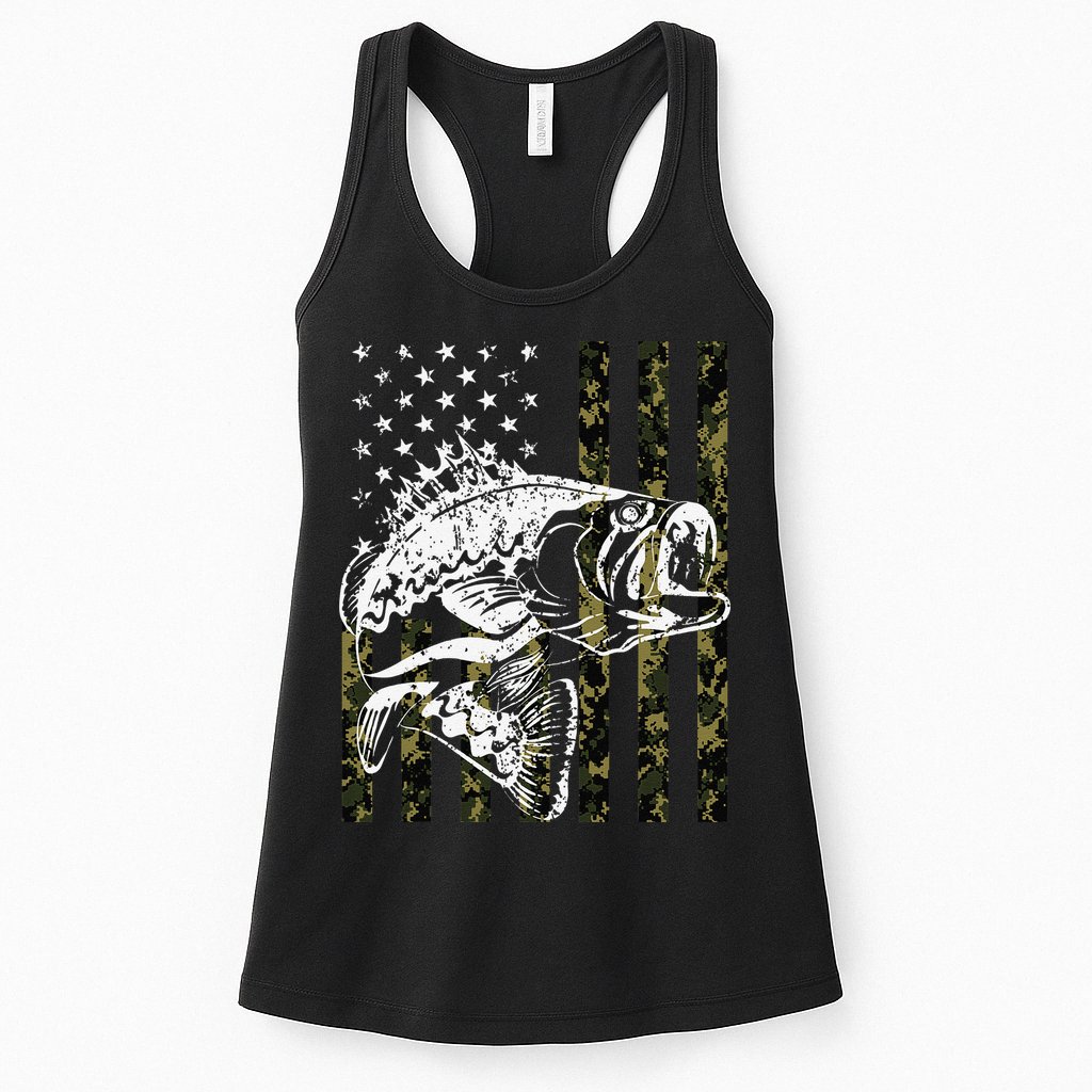 Fishing, Camouflage American Flag Fish, Bass Fish Fisherman Womens Tank Top