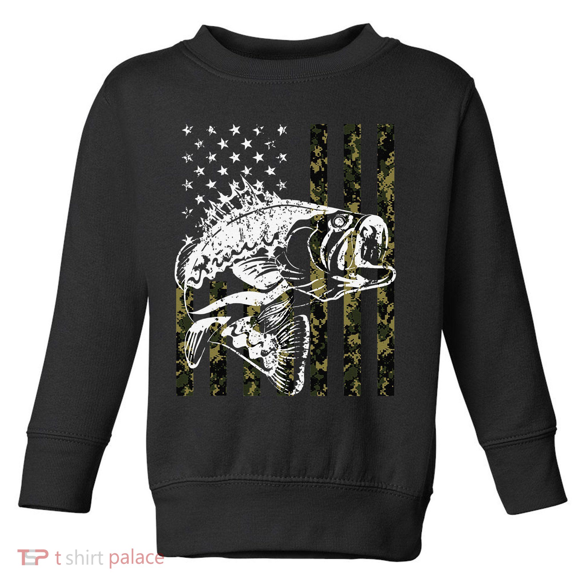 Fishing, Camouflage American Flag Fish, Bass Fish Fisherman Toddler Sweatshirt