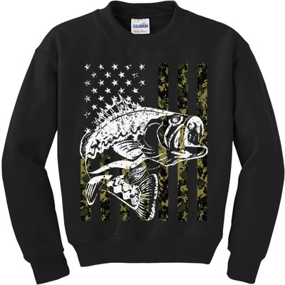 Fishing, Camouflage American Flag Fish, Bass Fish Fisherman Kids Sweatshirt