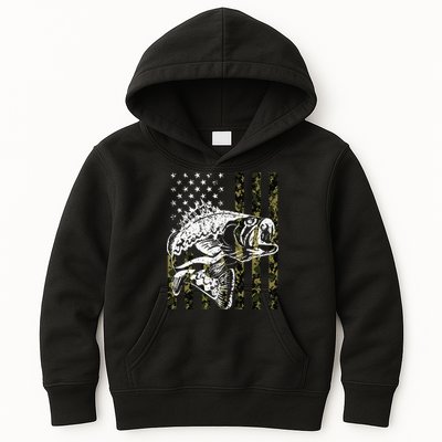 Fishing, Camouflage American Flag Fish, Bass Fish Fisherman Kids Hoodie
