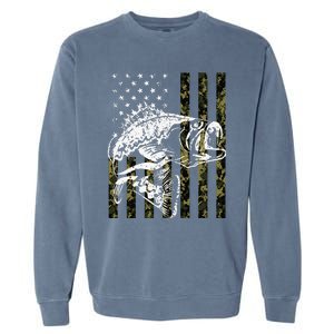 Fishing, Camouflage American Flag Fish, Bass Fish Fisherman Garment-Dyed Sweatshirt