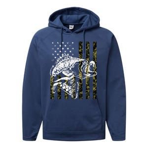 Fishing, Camouflage American Flag Fish, Bass Fish Fisherman Performance Fleece Hoodie