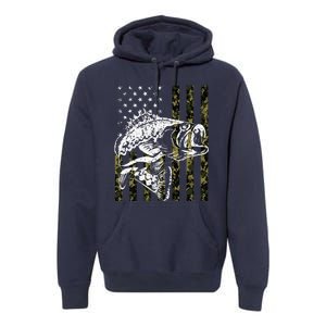 Fishing, Camouflage American Flag Fish, Bass Fish Fisherman Premium Hoodie