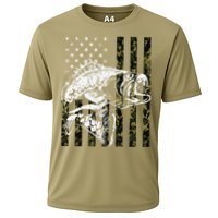Fishing, Camouflage American Flag Fish, Bass Fish Fisherman Cooling Performance Crew T-Shirt
