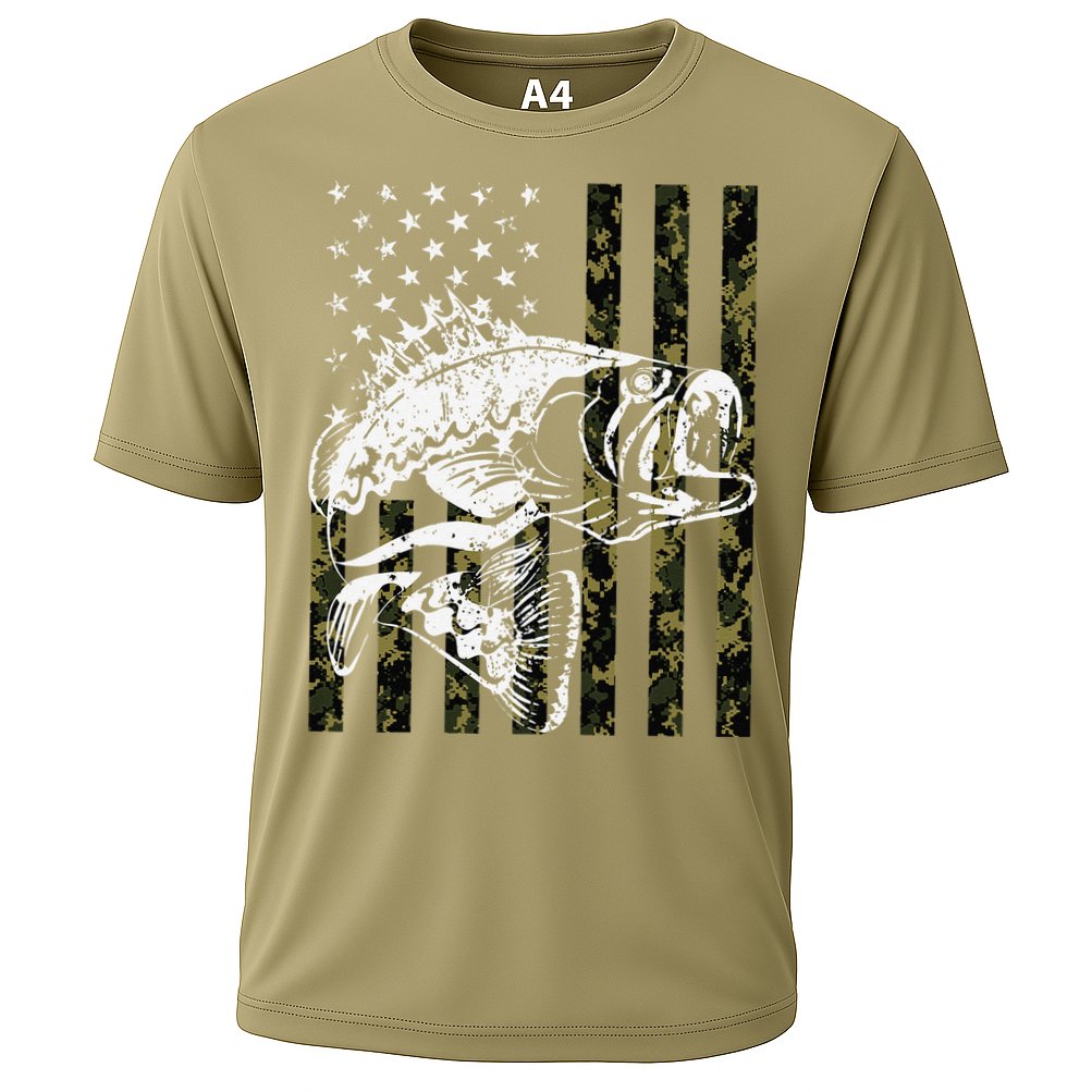 Fishing, Camouflage American Flag Fish, Bass Fish Fisherman Cooling Performance Crew T-Shirt