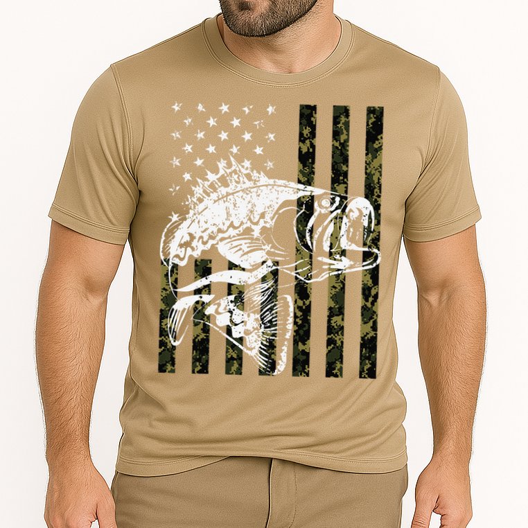 Fishing, Camouflage American Flag Fish, Bass Fish Fisherman Cooling Performance Crew T-Shirt