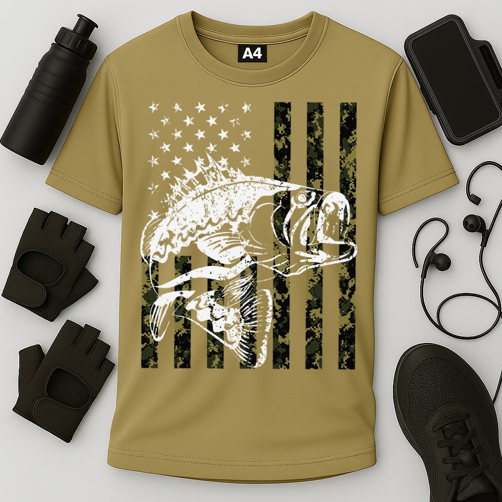 Fishing, Camouflage American Flag Fish, Bass Fish Fisherman Cooling Performance Crew T-Shirt