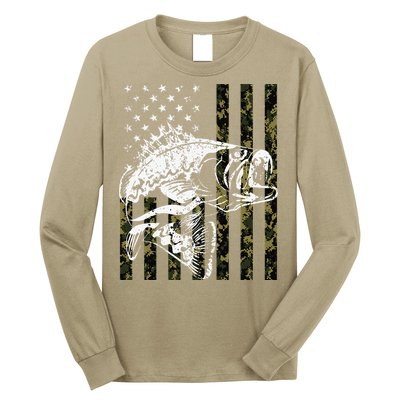 Fishing, Camouflage American Flag Fish, Bass Fish Fisherman Long Sleeve Shirt