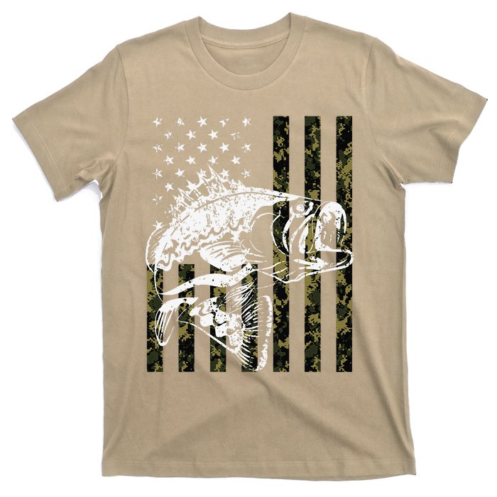 Fishing, Camouflage American Flag Fish, Bass Fish Fisherman T-Shirt