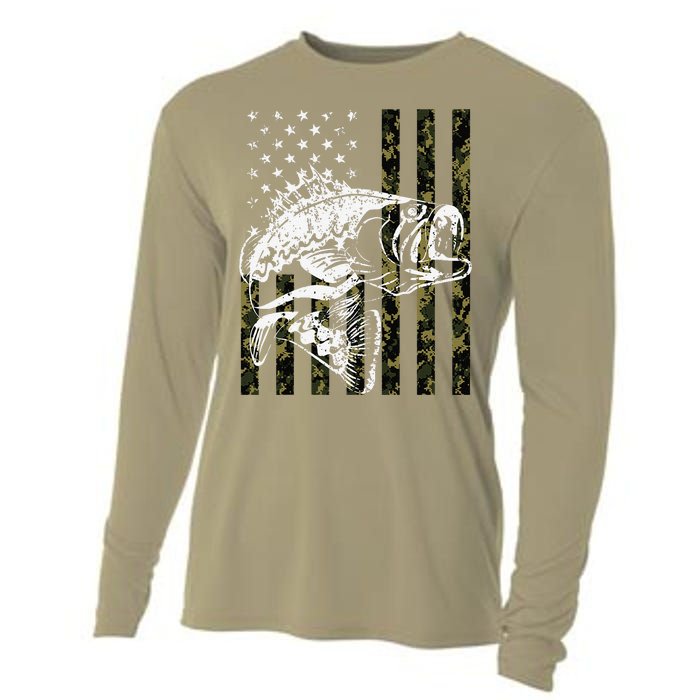 Fishing, Camouflage American Flag Fish, Bass Fish Fisherman Cooling Performance Long Sleeve Crew