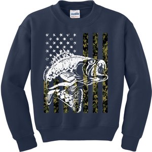 Fishing, Camouflage American Flag Fish, Bass Fish Fisherman Fishing Shirt Kids Sweatshirt