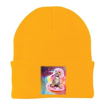 Funny Cute Astronaut Kitty On Rainbow Sprinkle Donut With Galaxy Background Knit Cap Winter Beanie