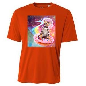 Funny Cute Astronaut Kitty On Rainbow Sprinkle Donut With Galaxy Background Cooling Performance Crew T-Shirt