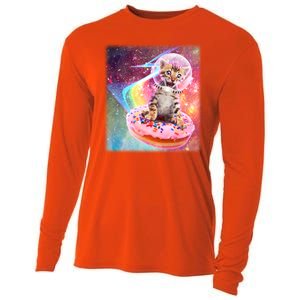 Funny Cute Astronaut Kitty On Rainbow Sprinkle Donut With Galaxy Background Cooling Performance Long Sleeve Crew