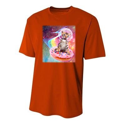 Funny Cute Astronaut Kitty On Rainbow Sprinkle Donut With Galaxy Background Youth Performance Sprint T-Shirt