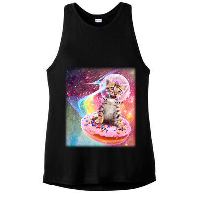 Funny Cute Astronaut Kitty On Rainbow Sprinkle Donut With Galaxy Background Ladies PosiCharge Tri-Blend Wicking Tank