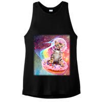 Funny Cute Astronaut Kitty On Rainbow Sprinkle Donut With Galaxy Background Ladies PosiCharge Tri-Blend Wicking Tank