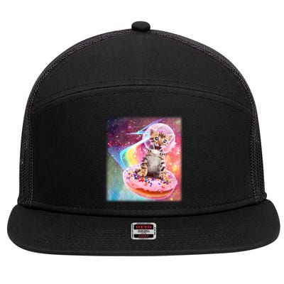 Funny Cute Astronaut Kitty On Rainbow Sprinkle Donut With Galaxy Background 7 Panel Mesh Trucker Snapback Hat