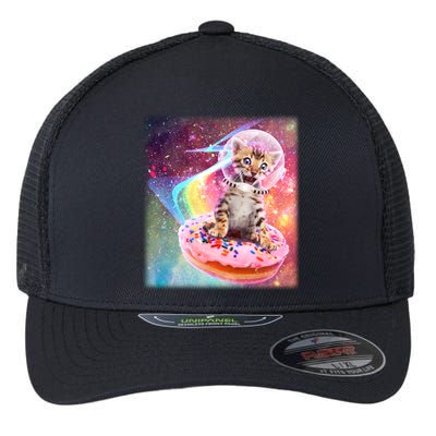 Funny Cute Astronaut Kitty On Rainbow Sprinkle Donut With Galaxy Background Flexfit Unipanel Trucker Cap