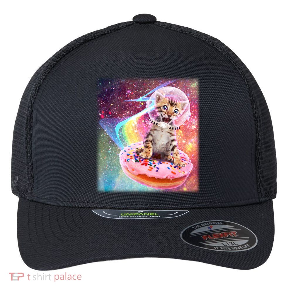 Funny Cute Astronaut Kitty On Rainbow Sprinkle Donut With Galaxy Background Flexfit Unipanel Trucker Cap
