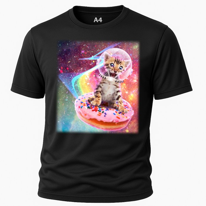 Funny Cute Astronaut Kitty On Rainbow Sprinkle Donut With Galaxy Background Performance Shirt