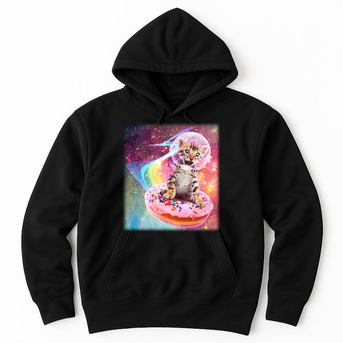 Funny Cute Astronaut Kitty On Rainbow Sprinkle Donut With Galaxy Background Hoodie