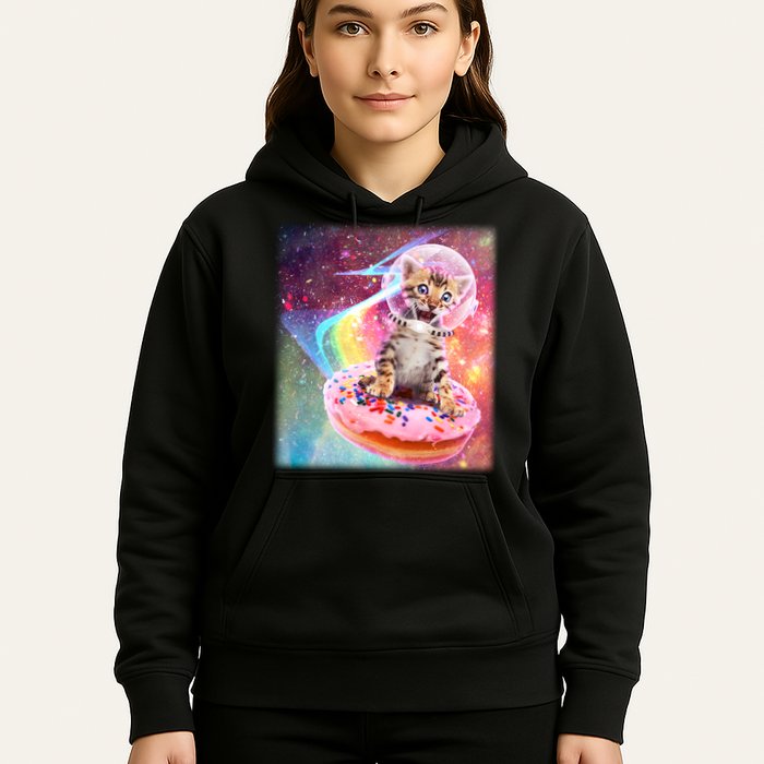 Funny Cute Astronaut Kitty On Rainbow Sprinkle Donut With Galaxy Background Hoodie