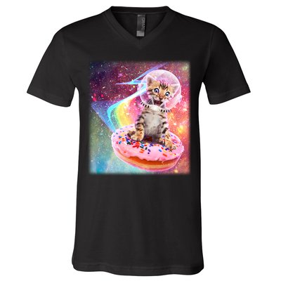 Funny Cute Astronaut Kitty On Rainbow Sprinkle Donut With Galaxy Background V-Neck T-Shirt