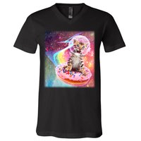 Funny Cute Astronaut Kitty On Rainbow Sprinkle Donut With Galaxy Background V-Neck T-Shirt