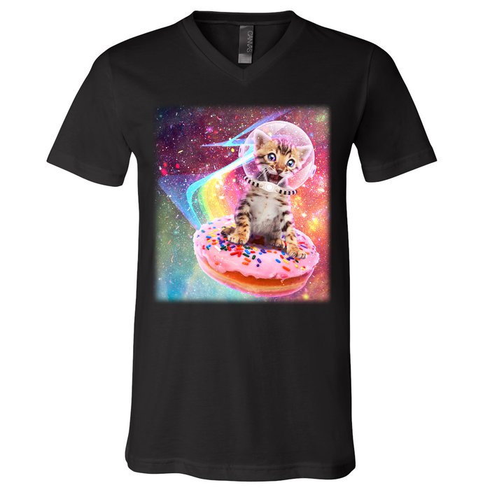 Funny Cute Astronaut Kitty On Rainbow Sprinkle Donut With Galaxy Background V-Neck T-Shirt