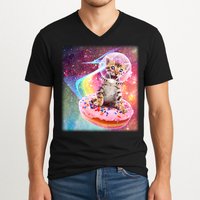 Funny Cute Astronaut Kitty On Rainbow Sprinkle Donut With Galaxy Background V-Neck T-Shirt
