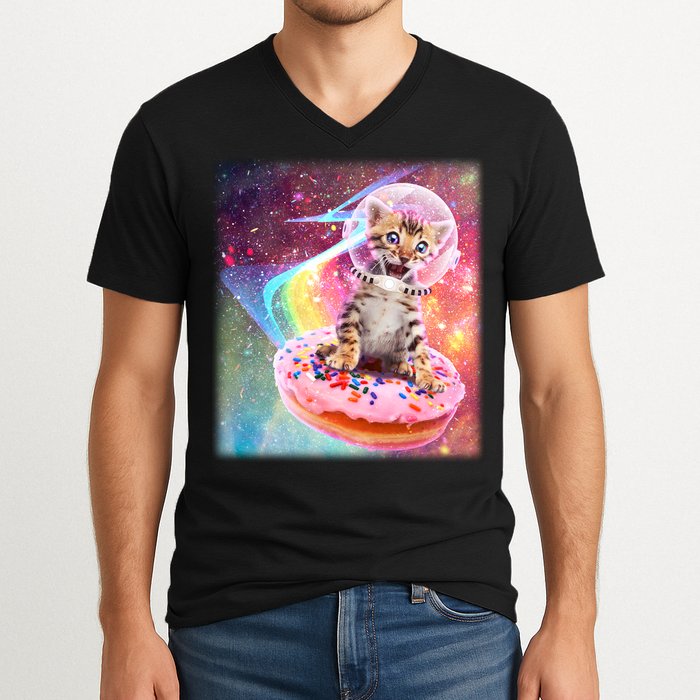 Funny Cute Astronaut Kitty On Rainbow Sprinkle Donut With Galaxy Background V-Neck T-Shirt