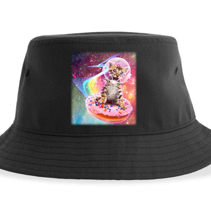 Funny Cute Astronaut Kitty On Rainbow Sprinkle Donut With Galaxy Background Sustainable Bucket Hat