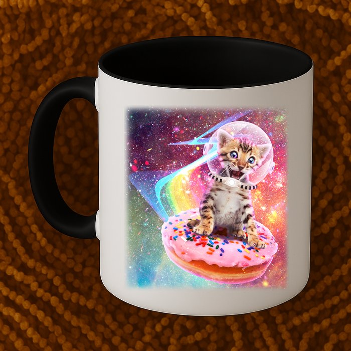 Funny Cute Astronaut Kitty On Rainbow Sprinkle Donut With Galaxy Background Mug