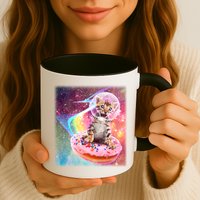 Funny Cute Astronaut Kitty On Rainbow Sprinkle Donut With Galaxy Background Mug
