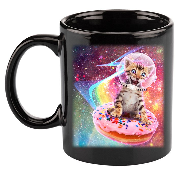 Funny Cute Astronaut Kitty On Rainbow Sprinkle Donut With Galaxy Background 11oz C Handle Ceramic Mug