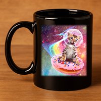 Funny Cute Astronaut Kitty On Rainbow Sprinkle Donut With Galaxy Background 11oz C Handle Ceramic Mug