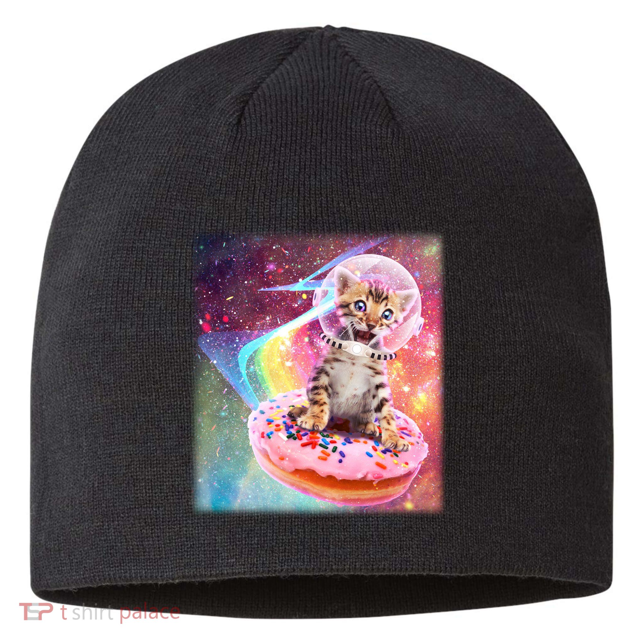 Funny Cute Astronaut Kitty On Rainbow Sprinkle Donut With Galaxy Background Sustainable Beanie