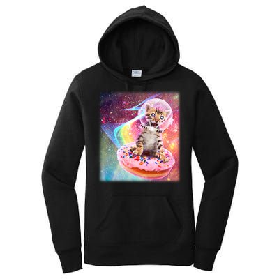 Funny Cute Astronaut Kitty On Rainbow Sprinkle Donut With Galaxy Background Women's Pullover Hoodie