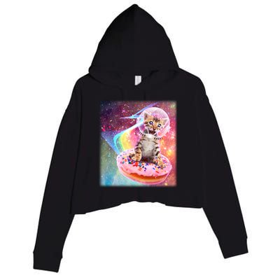 Funny Cute Astronaut Kitty On Rainbow Sprinkle Donut With Galaxy Background Crop Fleece Hoodie