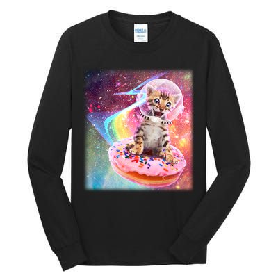 Funny Cute Astronaut Kitty On Rainbow Sprinkle Donut With Galaxy Background Tall Long Sleeve T-Shirt
