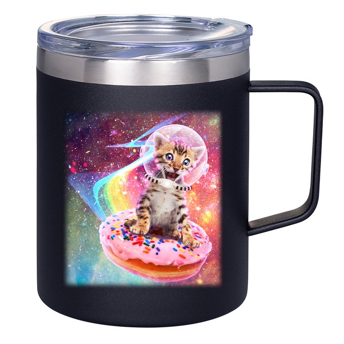 Funny Cute Astronaut Kitty On Rainbow Sprinkle Donut With Galaxy Background 12oz Stainless Steel Coffee Mug