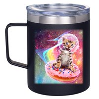 Funny Cute Astronaut Kitty On Rainbow Sprinkle Donut With Galaxy Background 12oz Stainless Steel Coffee Mug