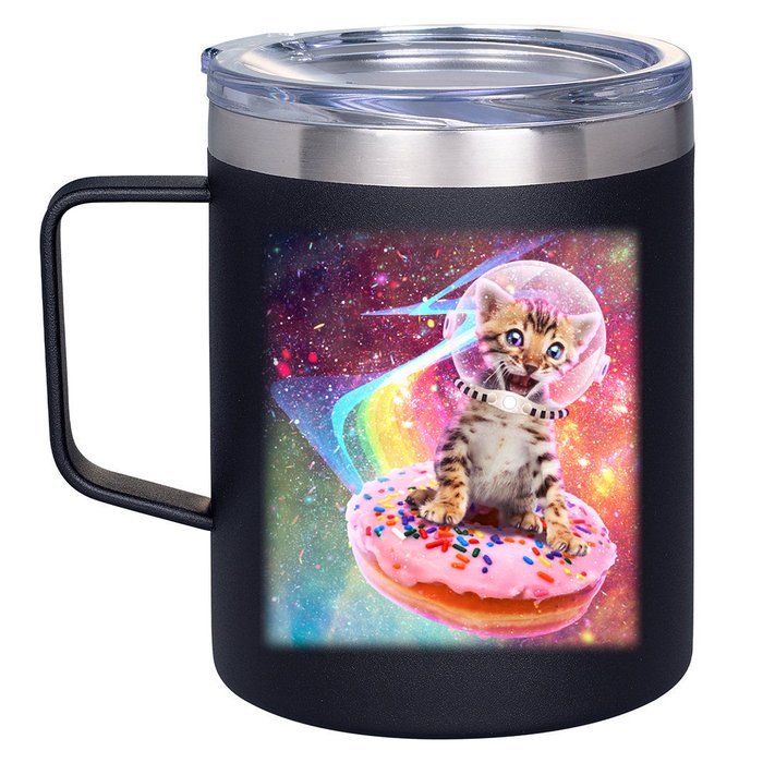 Funny Cute Astronaut Kitty On Rainbow Sprinkle Donut With Galaxy Background 12oz Stainless Steel Coffee Mug